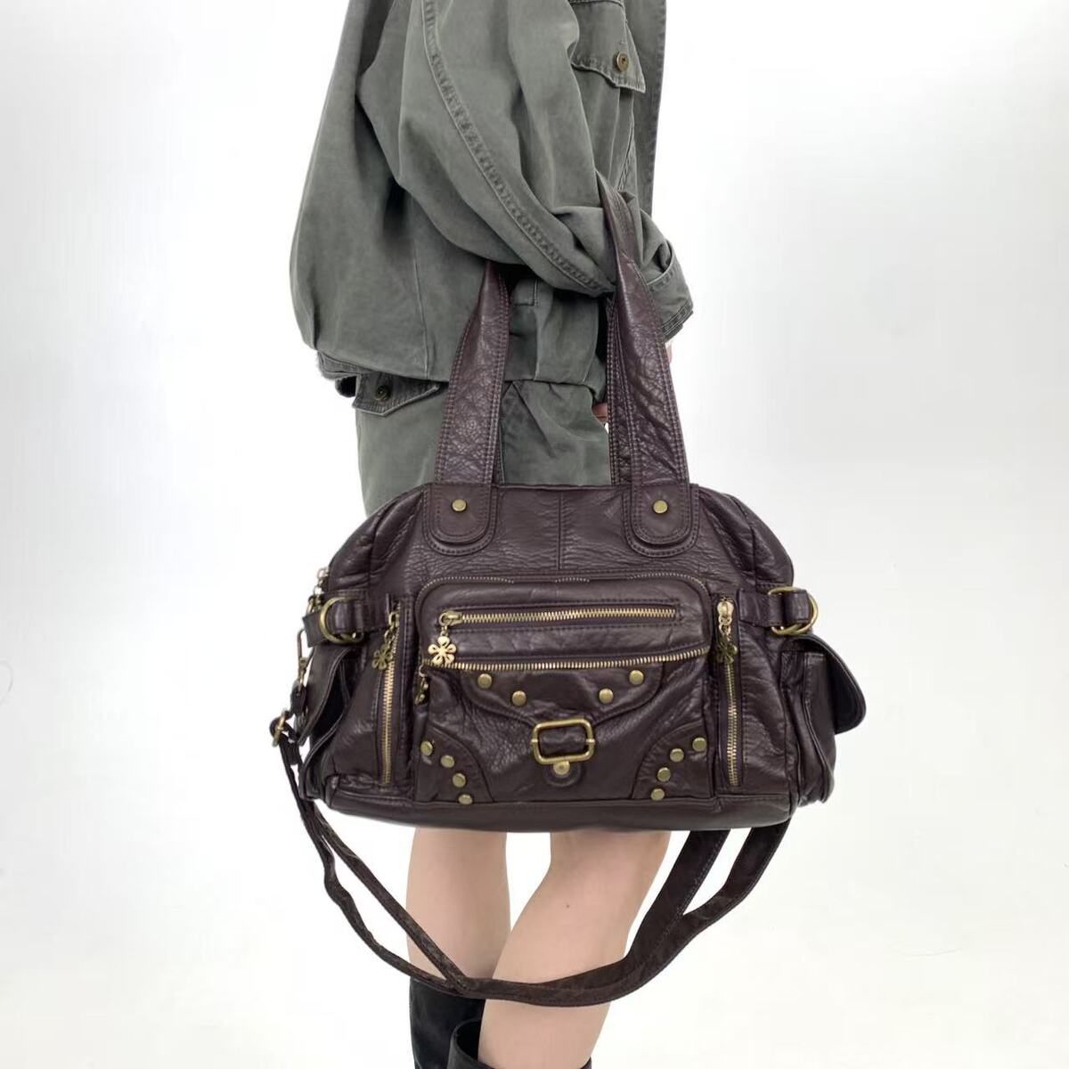 Women's Large-Capacity Y2k Streetwear Studded Retro Tote Bag Shoulder Crossbody Purse Work and Travel Office