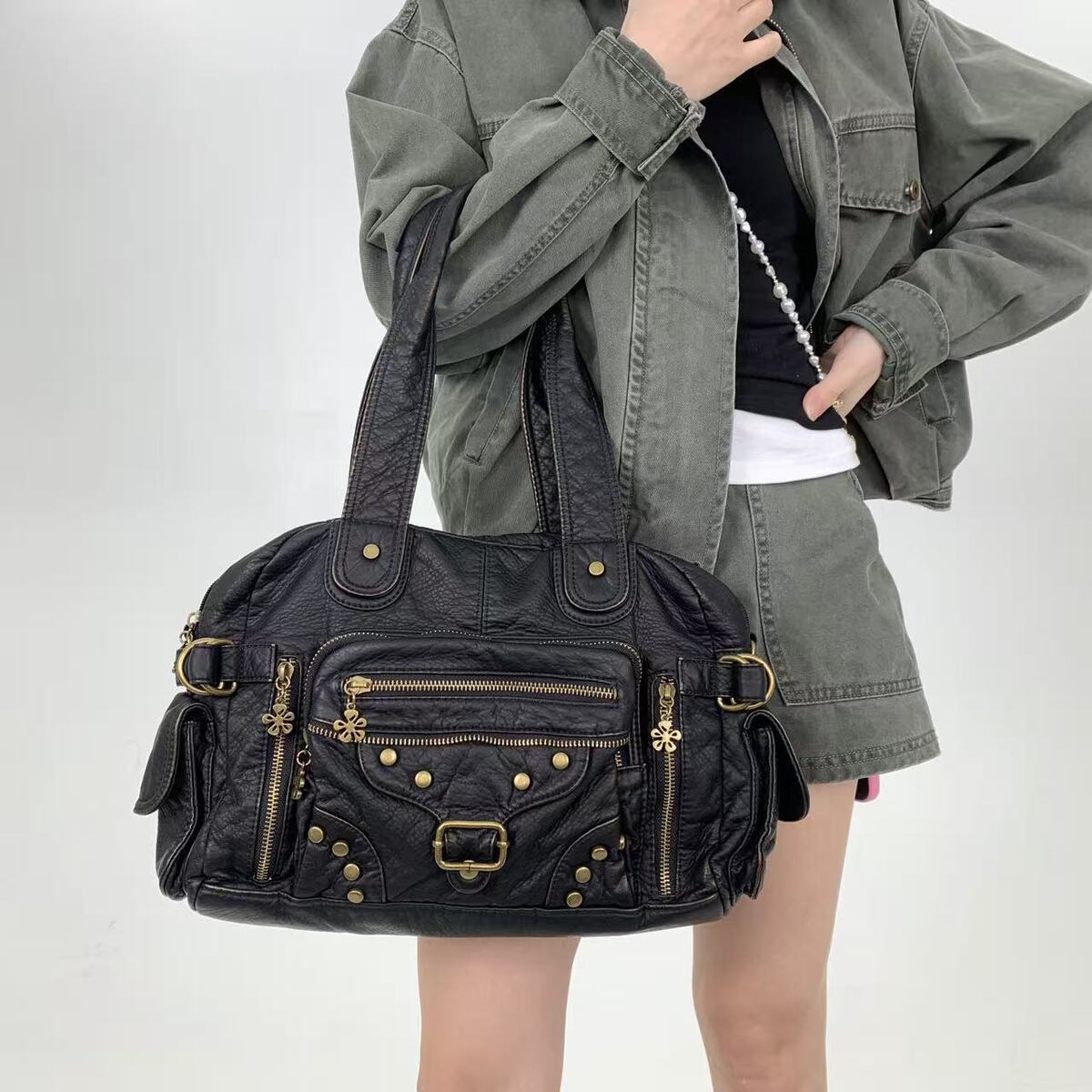 Women's Large-Capacity Y2k Streetwear Studded Retro Tote Bag Shoulder Crossbody Purse Work and Travel Office