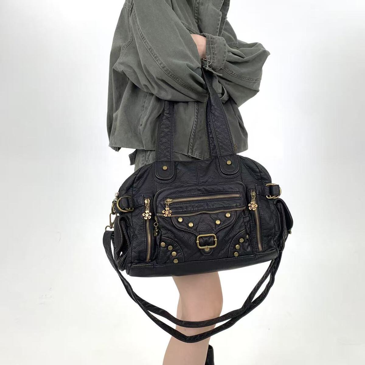 Women's Large-Capacity Y2k Streetwear Studded Retro Tote Bag Shoulder Crossbody Purse Work and Travel Office