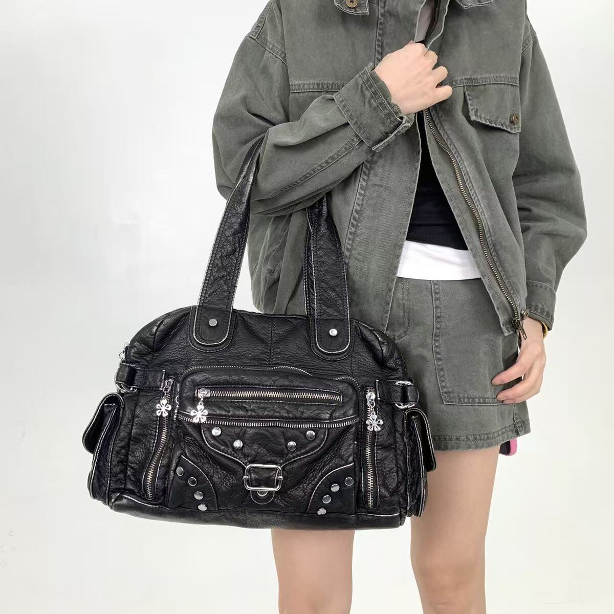 Women's Large-Capacity Y2k Streetwear Studded Retro Tote Bag Shoulder Crossbody Purse Work and Travel Office