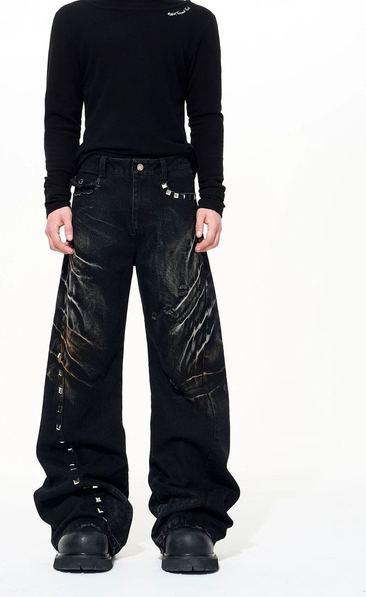 Men's Studded Oxidized Fall Winter Washed Workwear Retro Wide-Leg Jeans for Casual Outfits Everyday Office Weekend Date Night