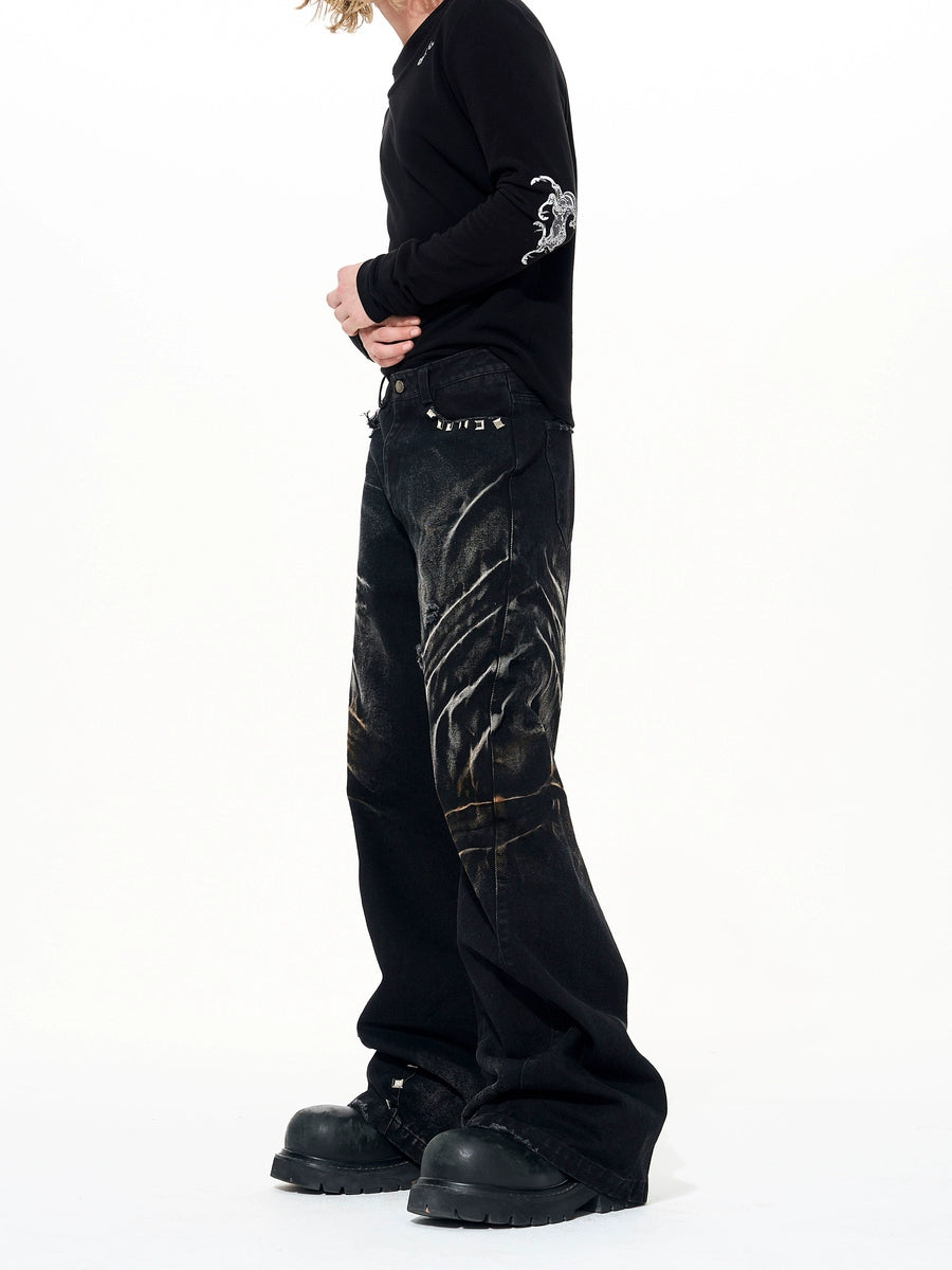 Men's Studded Oxidized Fall Winter Washed Workwear Retro Wide-Leg Jeans for Casual Outfits Everyday Office Weekend Date Night