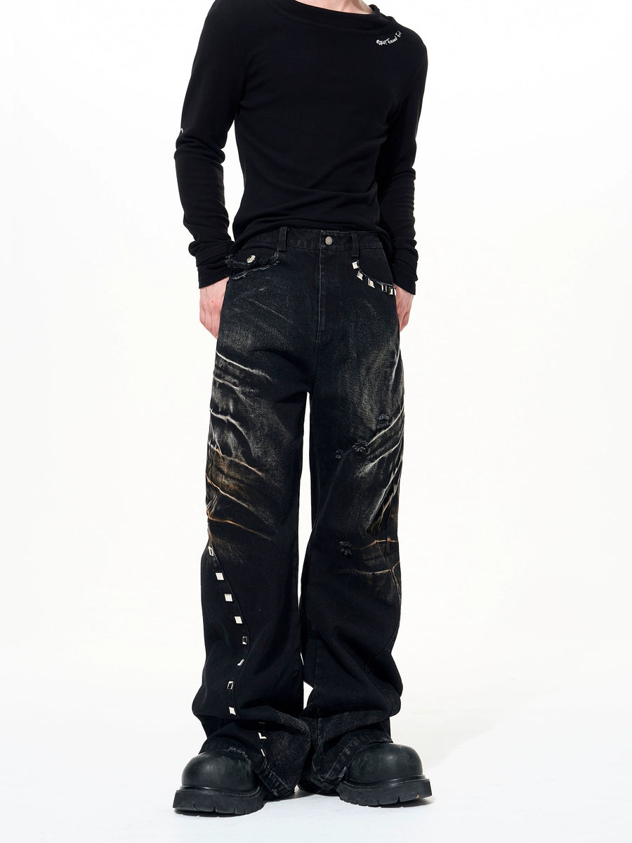 Men's Studded Oxidized Fall Winter Washed Workwear Retro Wide-Leg Jeans for Casual Outfits Everyday Office Weekend Date Night