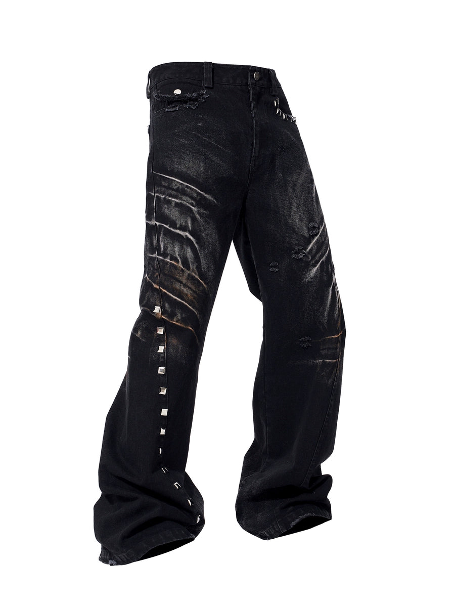 Men's Studded Oxidized Fall Winter Washed Workwear Retro Wide-Leg Jeans for Casual Outfits Everyday Office Weekend Date Night