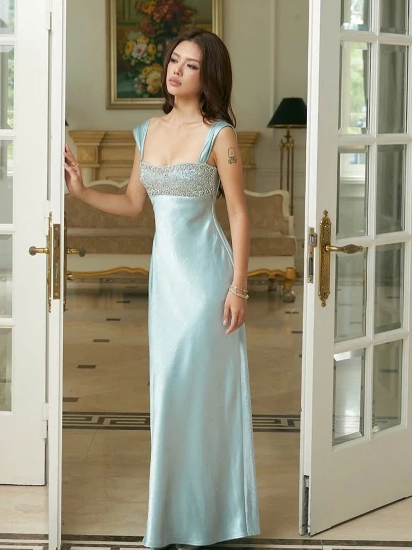 Women's Slim-Waist Satin Maxi Party French-Inspired Evening Dress Formal Midi Dress