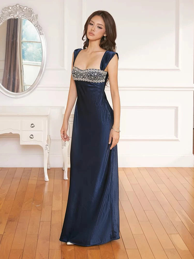Women's Slim-Waist Satin Maxi Party French-Inspired Evening Dress Formal Midi Dress