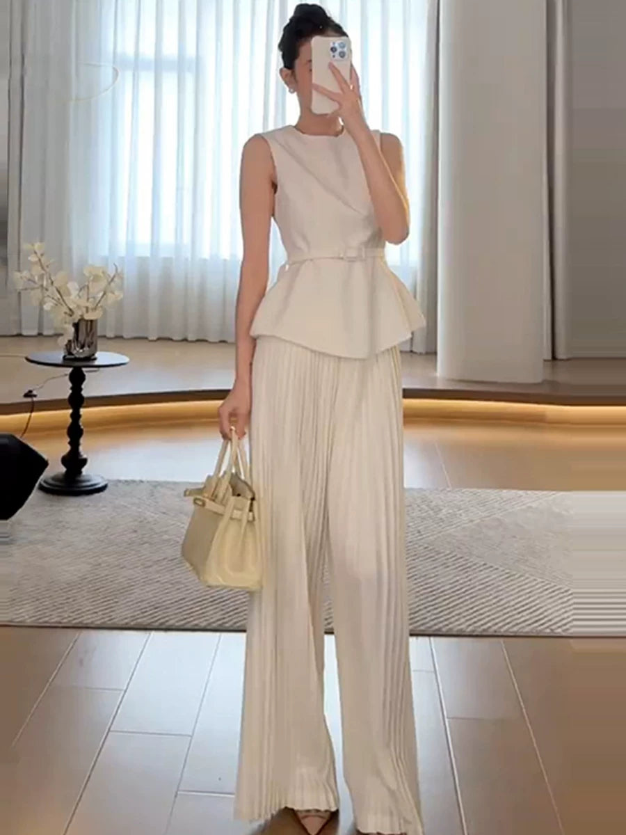 Women's Vest Slim-waist Office Sleeveless Elegant Korean-style Workwear Two-piece Set Matching Outfit Set