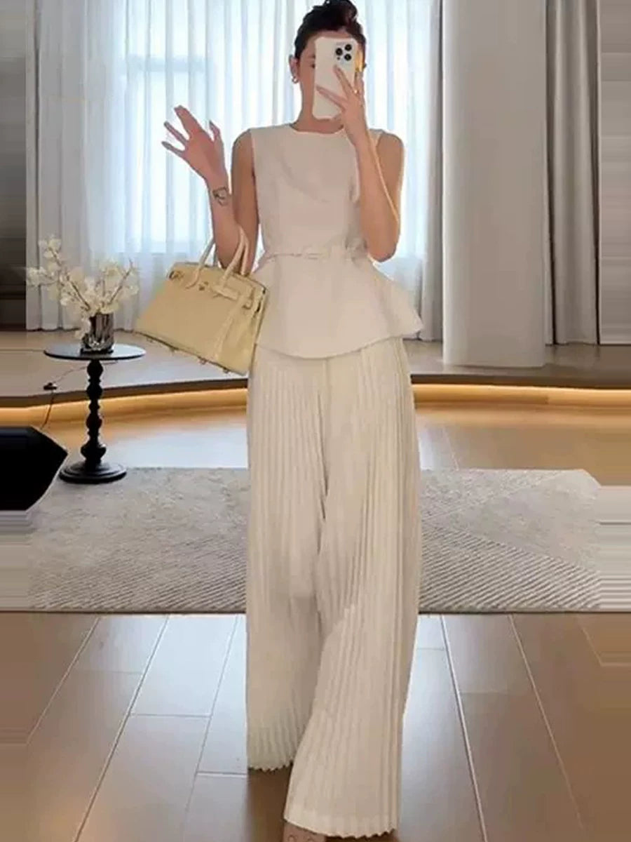 Women's Vest Slim-waist Office Sleeveless Elegant Korean-style Workwear Two-piece Set Matching Outfit Set
