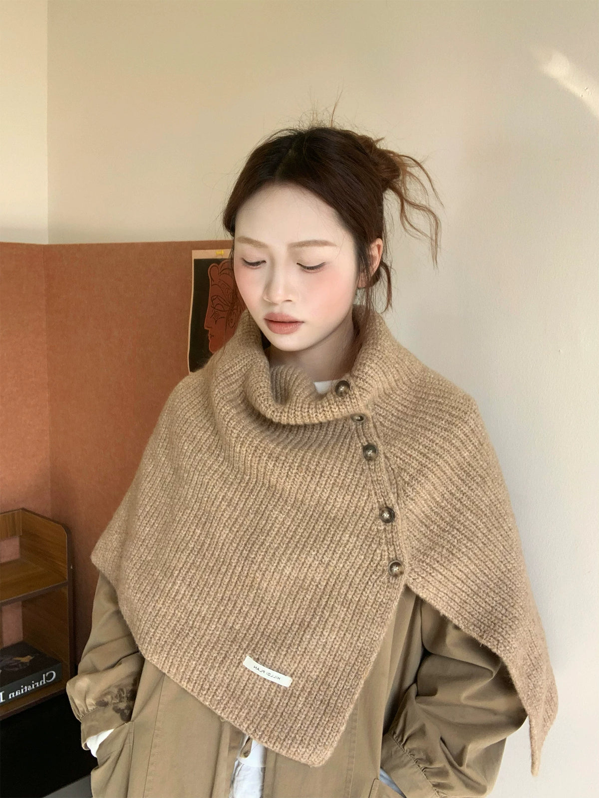 Women's Turtleneck Winter Fleece-Lined Korean-Style Knit Shawl for Office and Travel Evening Fall Gift Holiday Gift