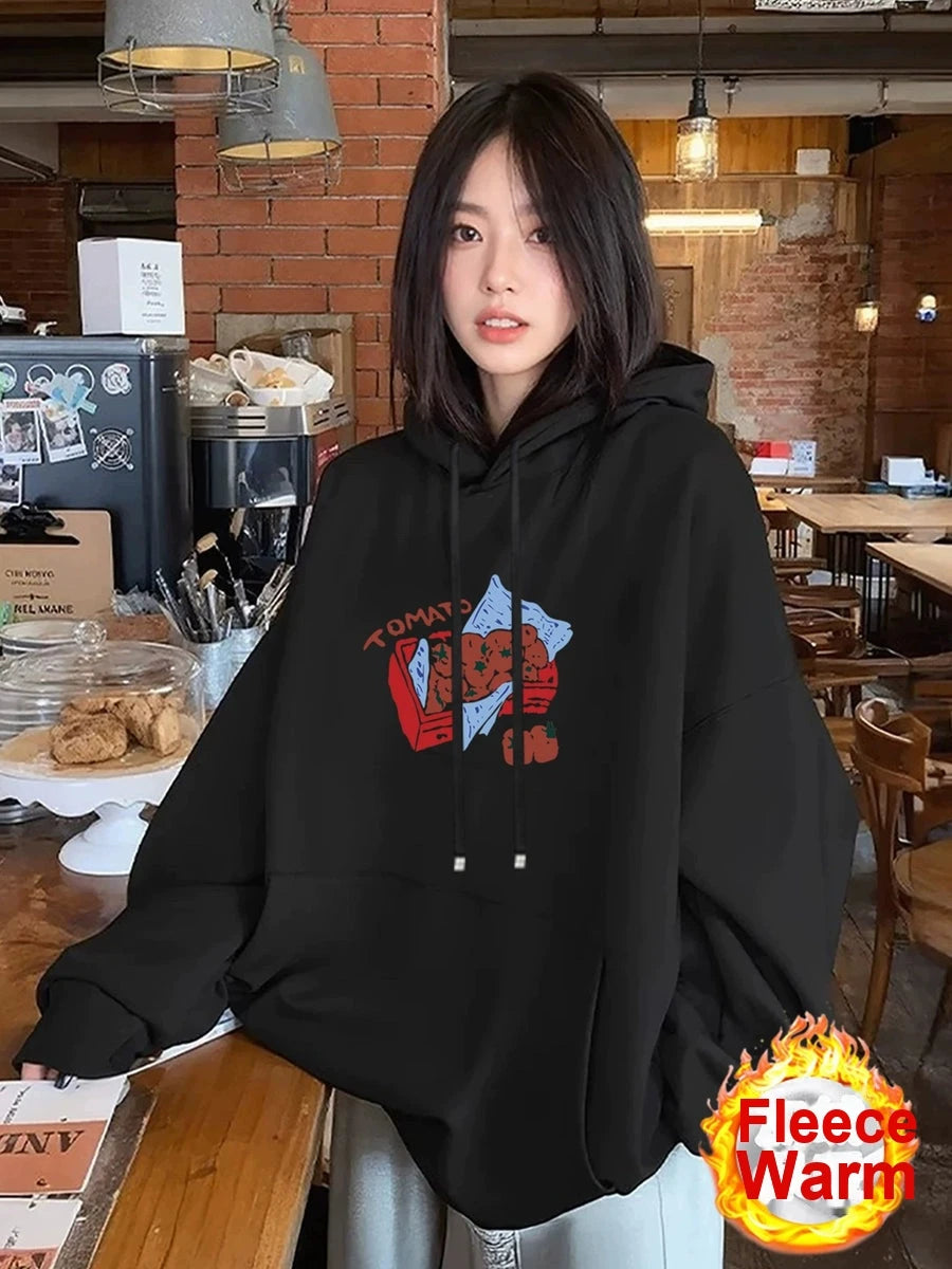 Women's Fall Winter Black Thickened Fleece-lined Plus Size Oversized Slim-fit Casual Hoodie Sweatshirt for Layering in Spring Streetwear Slimming