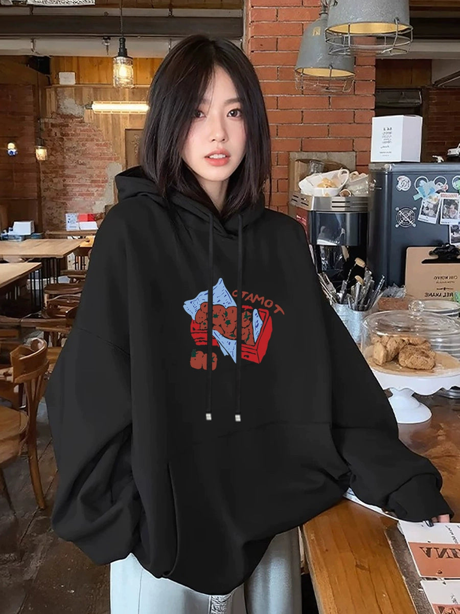 Women's Fall Winter Black Thickened Fleece-lined Plus Size Oversized Slim-fit Casual Hoodie Sweatshirt for Layering in Spring Streetwear Slimming
