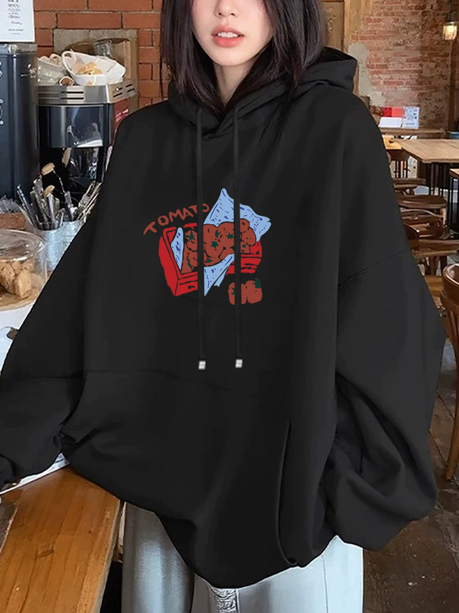 Women's Fall Winter Black Thickened Fleece-lined Plus Size Oversized Slim-fit Casual Hoodie Sweatshirt for Layering in Spring Streetwear Slimming