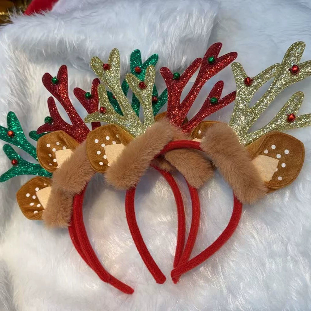 Glitter Bow Reindeer Antler Headband, Sparkly Party Hair Accessory for Holiday Photos