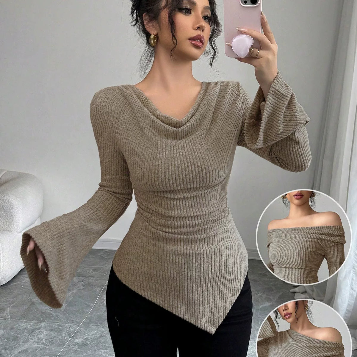 Women's Flare Sleeve Knit Open-back Cowl-neck Top Fashion Blouse Casual Blouse Everyday Fashion Style for Women