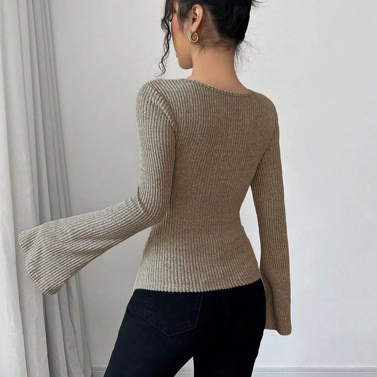 Women's Flare Sleeve Knit Open-back Cowl-neck Top Fashion Blouse Casual Blouse Everyday Fashion Style for Women