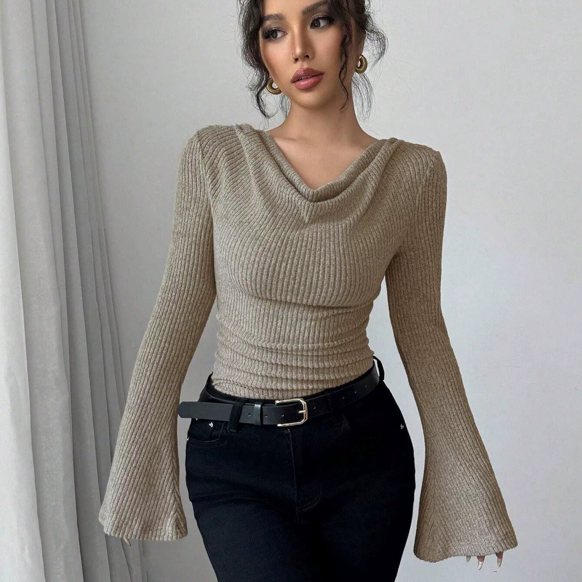 Women's Flare Sleeve Knit Open-back Cowl-neck Top Fashion Blouse Casual Blouse Everyday Fashion Style for Women