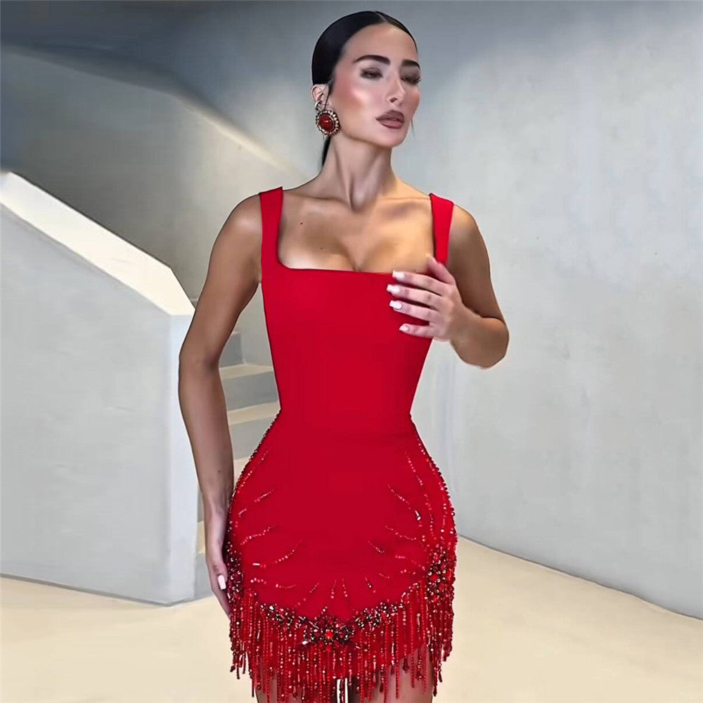 Women's Tassel Sleeveless Crystal Evening Dress Formal Midi Dress for Black Tie Wedding Guest Cocktail Party Prom Date Night