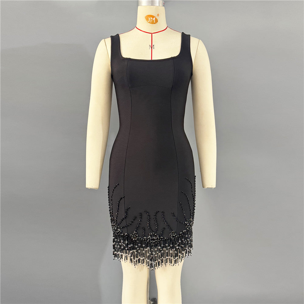 Women's Tassel Sleeveless Crystal Evening Dress Formal Midi Dress for Black Tie Wedding Guest Cocktail Party Prom Date Night