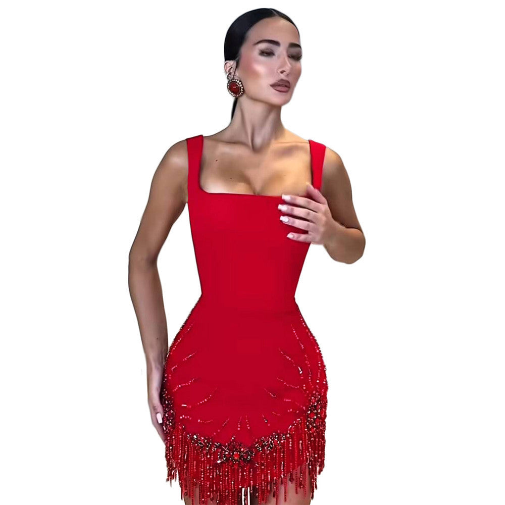 Women's Tassel Sleeveless Crystal Evening Dress Formal Midi Dress for Black Tie Wedding Guest Cocktail Party Prom Date Night