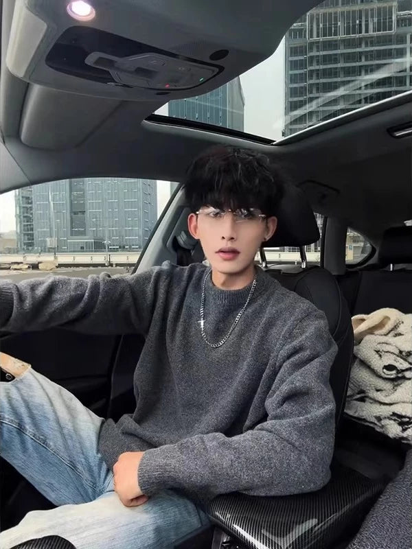 Men's Fall Winter Grey Sweater Knit Pullover Top for Casual Outfits Spring Travel Office Everyday Date Night