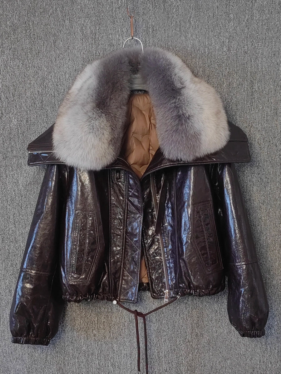Women's Fur-Collar Winter Leather Fleece-Lined Cropped Jacket Casual Coat Fall for Cold Weather Travel Outdoor Holiday Date Night