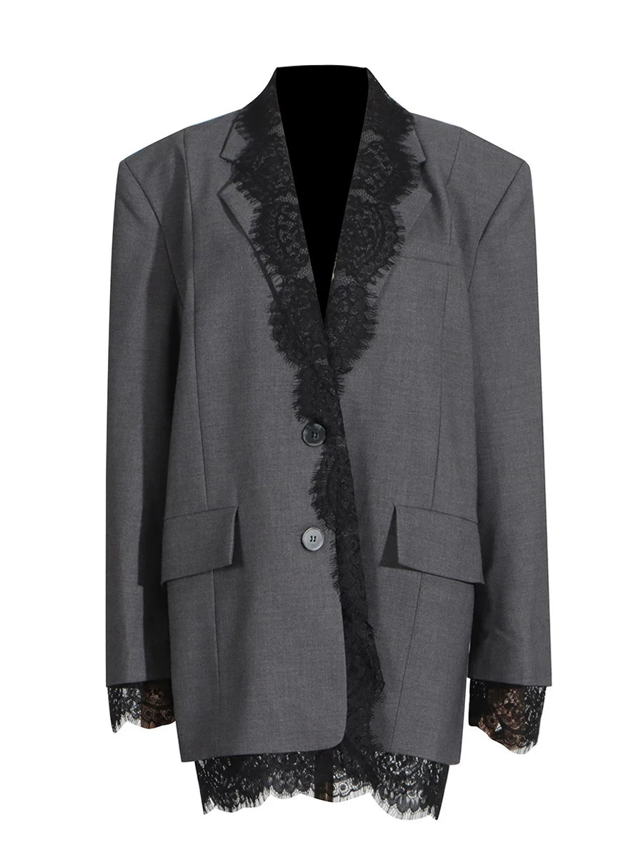 Women's Lace Oversized Long Sleeve French-Inspired Blazer Office Workwear Jacket