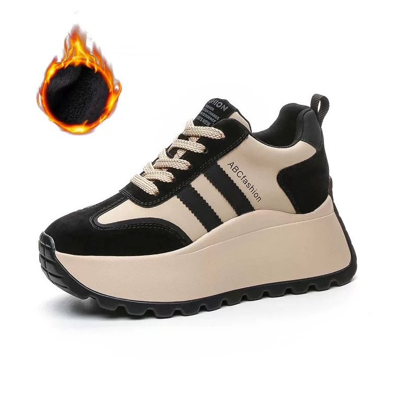 Sneakers Kasual Wanita dengan Sol Tebal, Hak Tersembunyi, Bahan Kulit, Bernapas, Model Retro Tennis