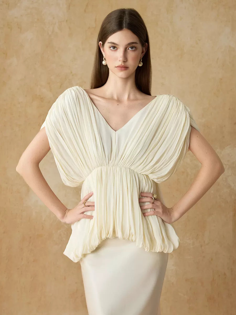 Women's Slim-Waist White Chiffon Pleated Top Fashion Blouse Shirt for Office Outfits Business Casual Streetwear Weekend Everyday