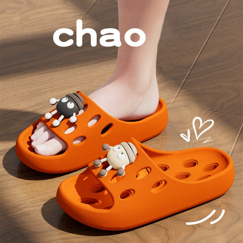 Cute Cartoon Decor EVA Shower Slides, Hollow Drainage Non‑Slip Odor‑Resistant Silent Bathroom Slippers for Women