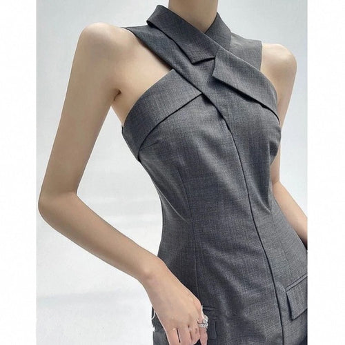 Dark Grey Cross Halter Sleeveless Blazer Midi Dress | French Tailored Slim Fit Business Office Dress for Women S‑L