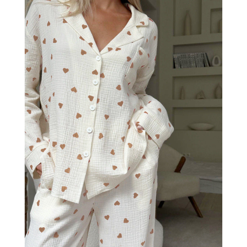 Set Piyama Katun Kerut Motif Hati | Setelan Loungewear 2 Potong Wanita Atasan Kancing Lengan Panjang & Celana Panjang S‑XL