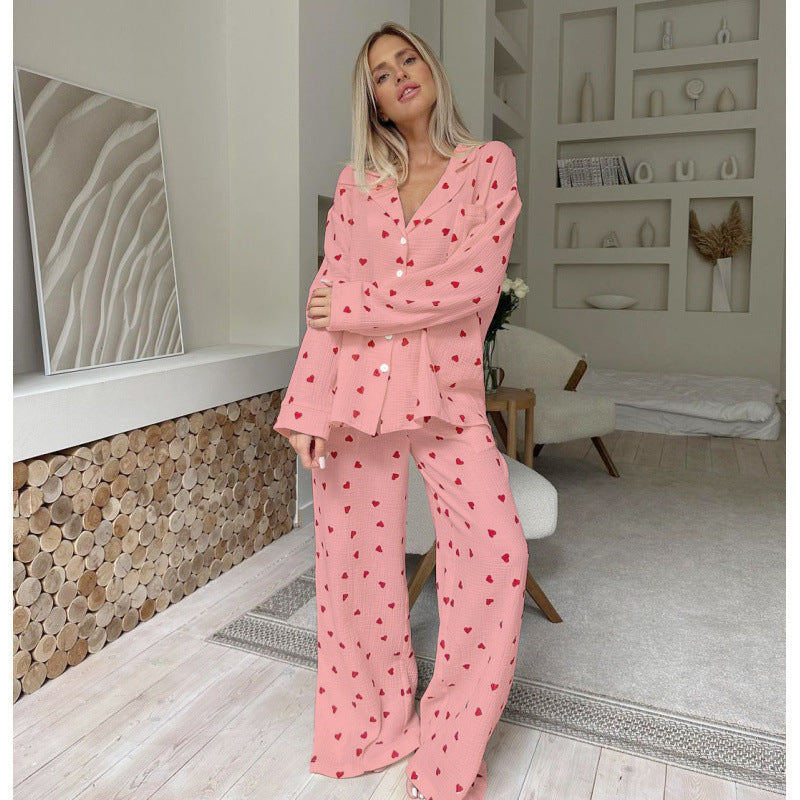 Set Piyama Katun Kerut Motif Hati | Setelan Loungewear 2 Potong Wanita Atasan Kancing Lengan Panjang & Celana Panjang S‑XL
