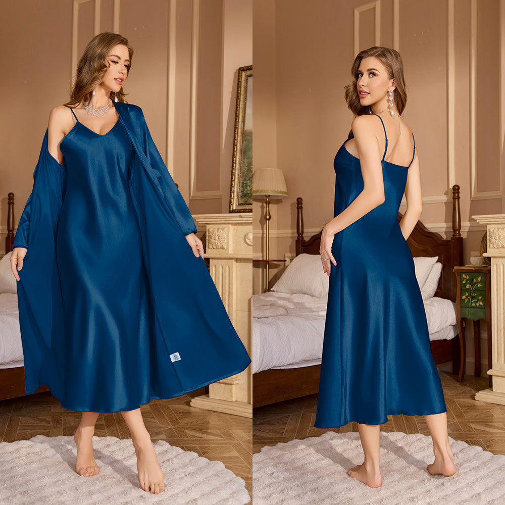 Set Piyama Satin Wanita Baju Tidur Kamisol Kerah V + Jubah Lengan Panjang Pakaian Santai Halus