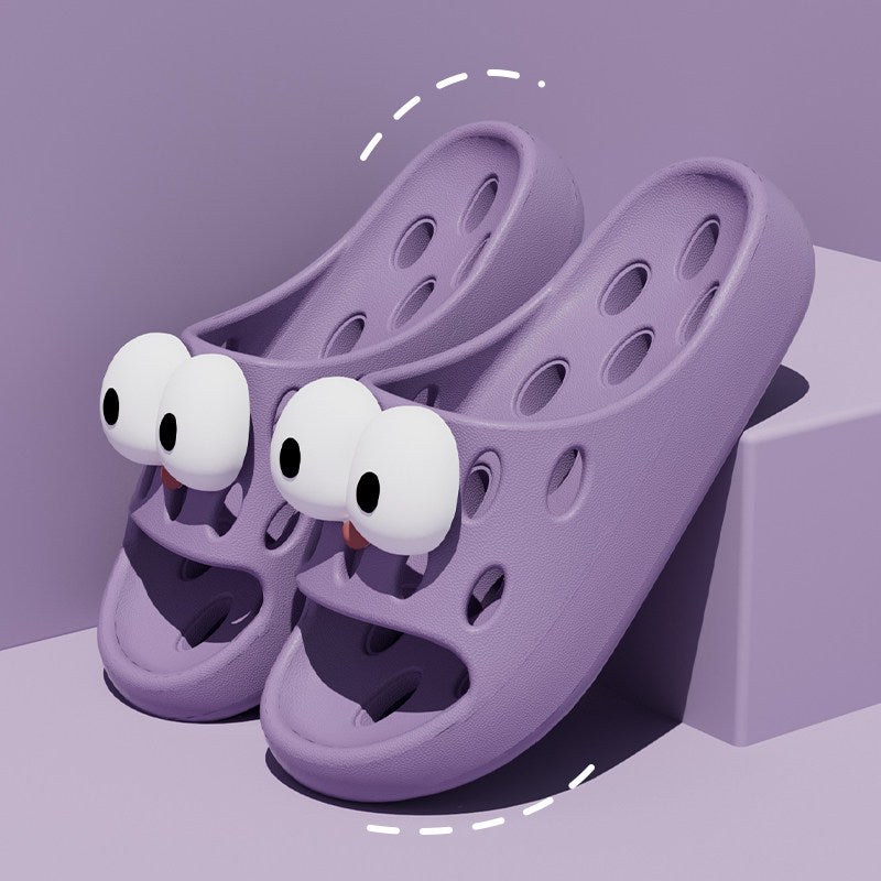 Cute Cartoon Decor EVA Shower Slides, Hollow Drainage Non‑Slip Odor‑Resistant Silent Bathroom Slippers for Women