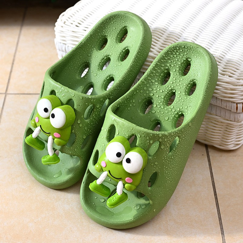 Cute Cartoon Decor EVA Shower Slides, Hollow Drainage Non‑Slip Odor‑Resistant Silent Bathroom Slippers for Women