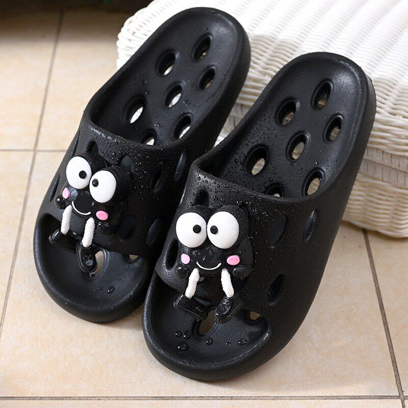 Cute Cartoon Decor EVA Shower Slides, Hollow Drainage Non‑Slip Odor‑Resistant Silent Bathroom Slippers for Women