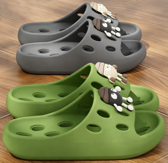 Cute Cartoon Decor EVA Shower Slides, Hollow Drainage Non‑Slip Odor‑Resistant Silent Bathroom Slippers for Women
