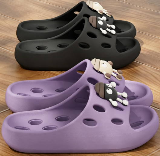 Cute Cartoon Decor EVA Shower Slides, Hollow Drainage Non‑Slip Odor‑Resistant Silent Bathroom Slippers for Women
