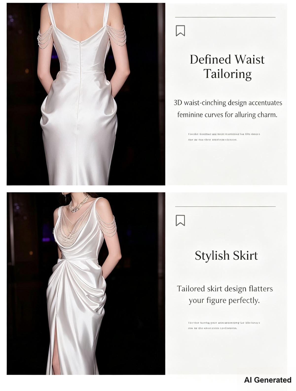 Gaun Malam Mermaid Satin Warna Sampanye, Gaun Formal Punggung Terbuka dengan Tali Spageti Berhias Mutiara dan Belahan Tinggi, Gaun Pengantin Resepsi