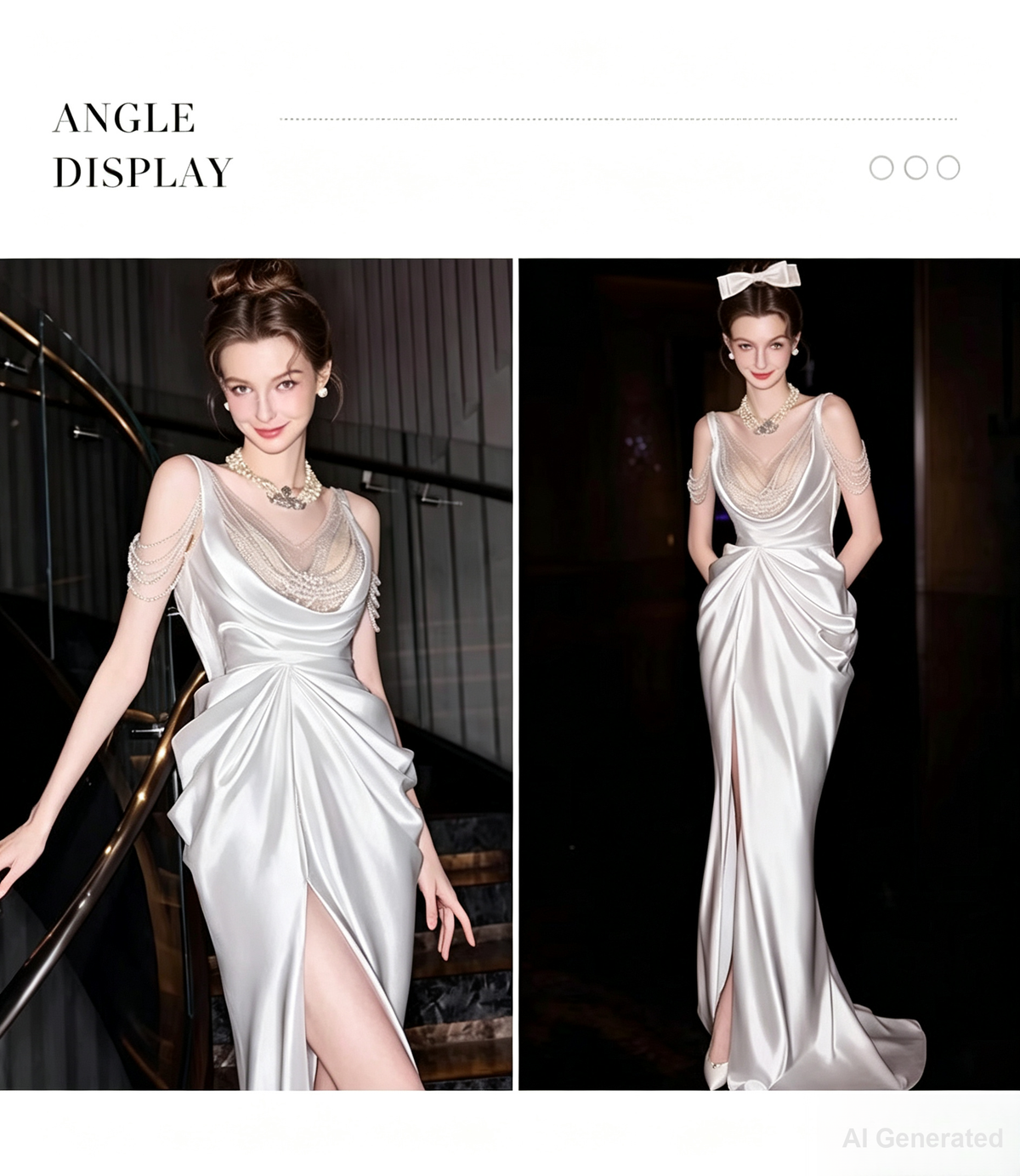 Gaun Malam Mermaid Satin Warna Sampanye, Gaun Formal Punggung Terbuka dengan Tali Spageti Berhias Mutiara dan Belahan Tinggi, Gaun Pengantin Resepsi