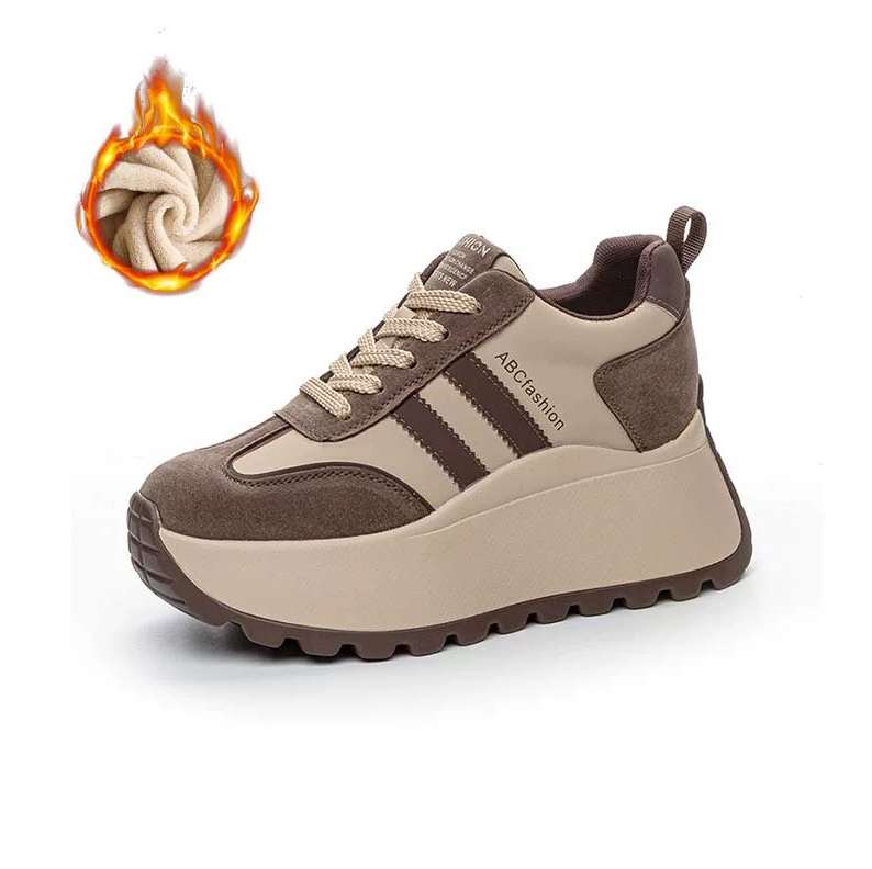 Sneakers Kasual Wanita dengan Sol Tebal, Hak Tersembunyi, Bahan Kulit, Bernapas, Model Retro Tennis
