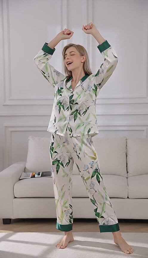 女式碎花长袖睡衣套装，撞色镶边，纽扣开衫上衣和长裤，尺码S-XL