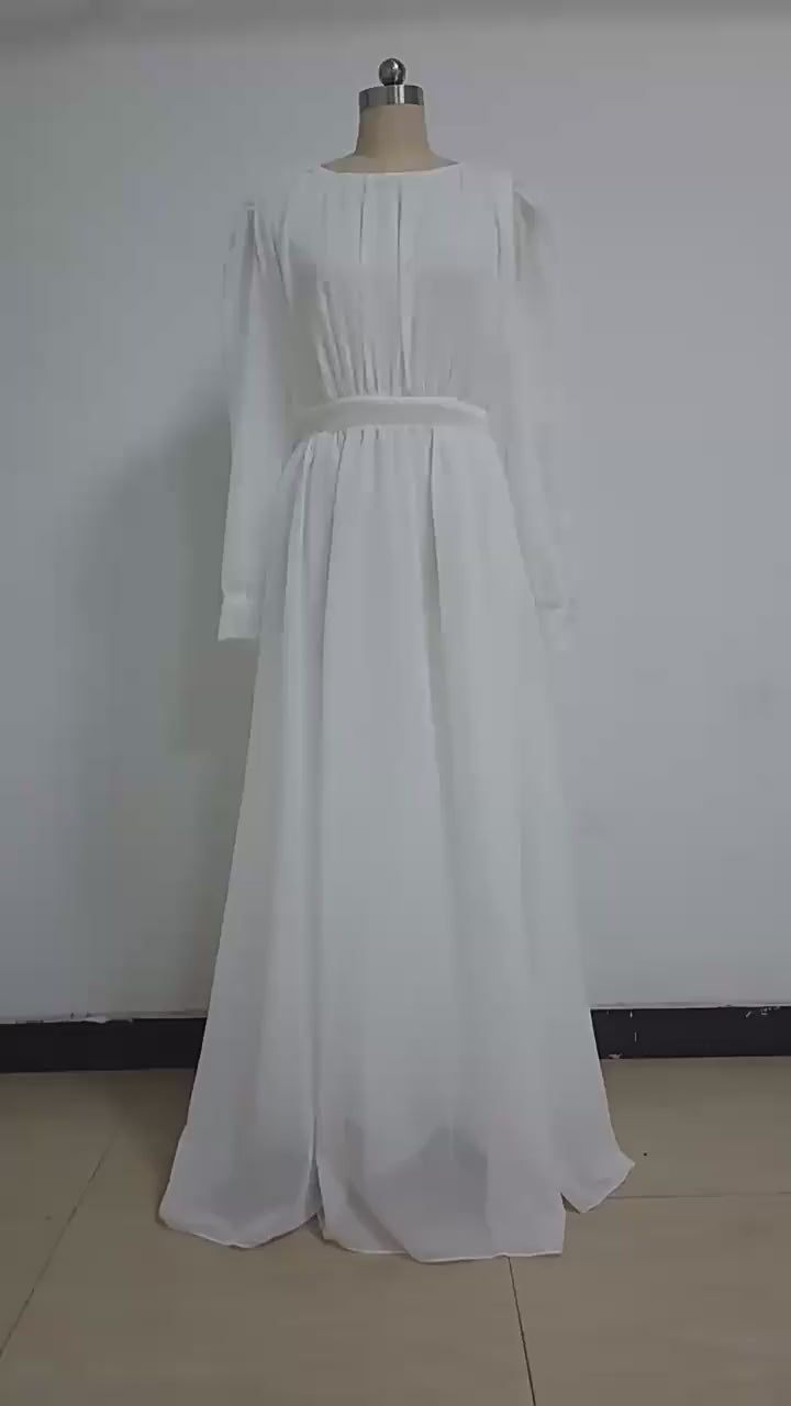 Elegant Round Neck Lantern Long Sleeve Wedding Dress, Shimmer Pearl Chiffon Flowy Floor Length Maxi Gown, Formal Evening Bridal Party Dress Available in Multiple Colors S-XXL