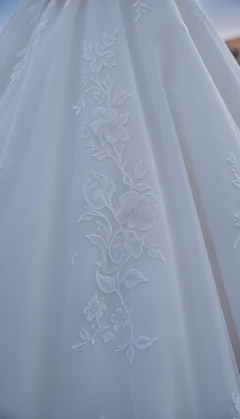 V Neck Illusion Long Sleeve Lace Wedding Dress | Floral Appliqué Ball Gown Bridal Gown With Chapel Train & Floor Length Options