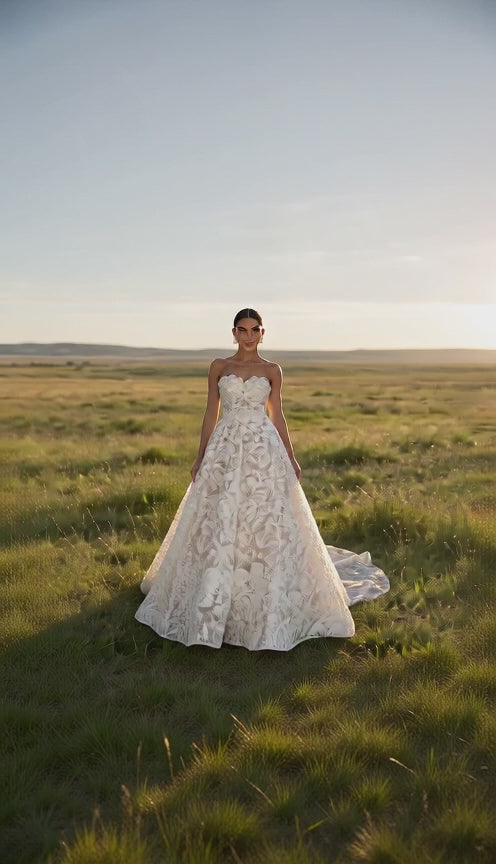 Strapless Floral Lace A-Line Ballgown Wedding Dress | Sweetheart Neck Floor Length Bridal Gown with Embroidery
