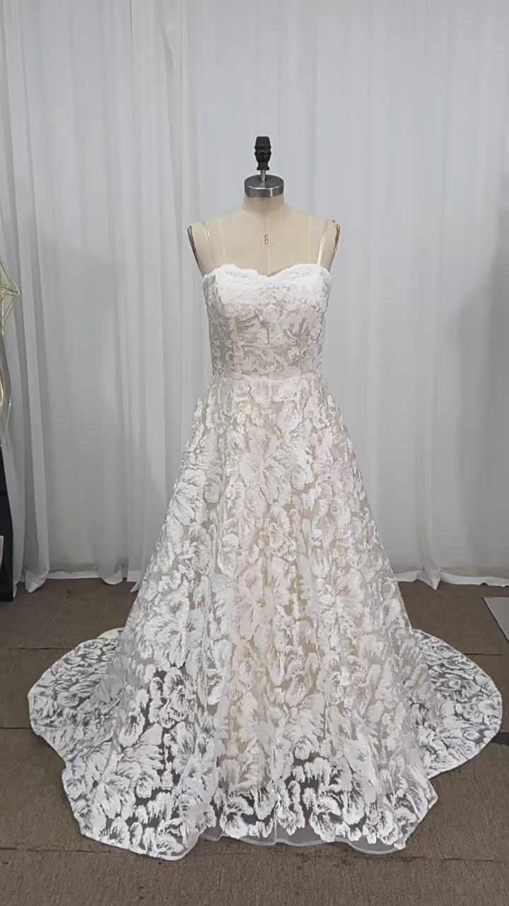 Strapless Floral Lace A-Line Ballgown Wedding Dress | Sweetheart Neck Floor Length Bridal Gown with Embroidery