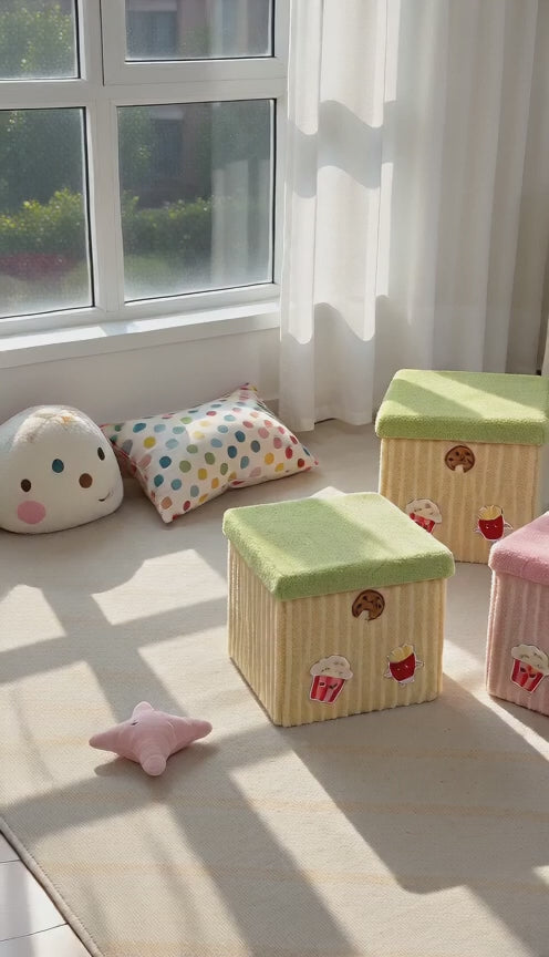 Bangku Penyimpanan Lipat Motif Kentang Goreng Lucu, Kursi Simpan Anak Empuk, Kotak Mainan Dapat Dilipat Bangku Ganti Sepatu untuk Kamar Tidur Ruang Bermain