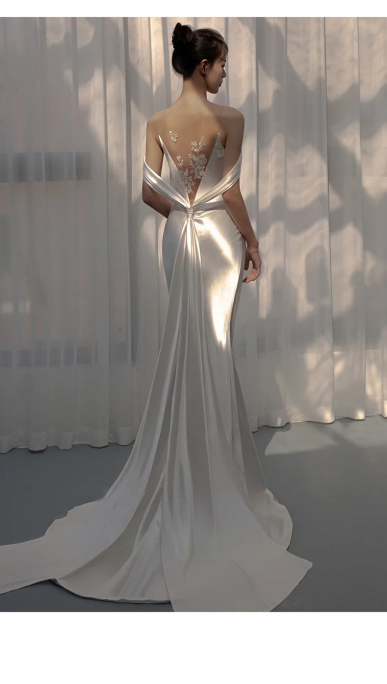 French Satin Mermaid Wedding Dress, Backless Lace Appliques Bridal Gown With Detachable Train, Elegant White Wedding Dress