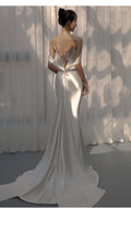 French Satin Mermaid Wedding Dress, Backless Lace Appliques Bridal Gown With Detachable Train, Elegant White Wedding Dress